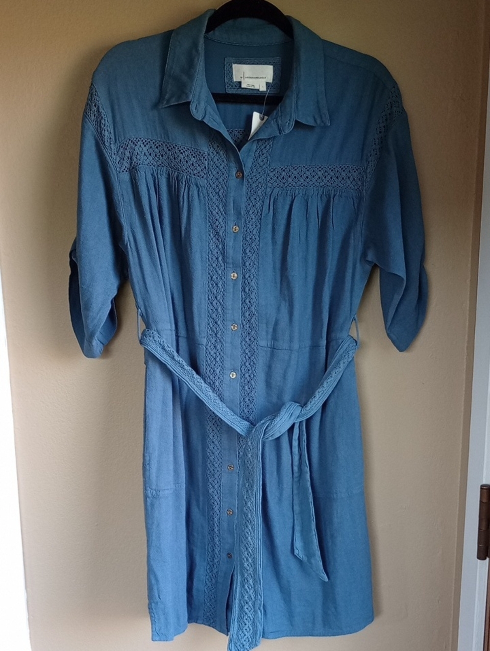 Anthropology Belted Button Front Mini Boho Casual Dress Size L New With Tags